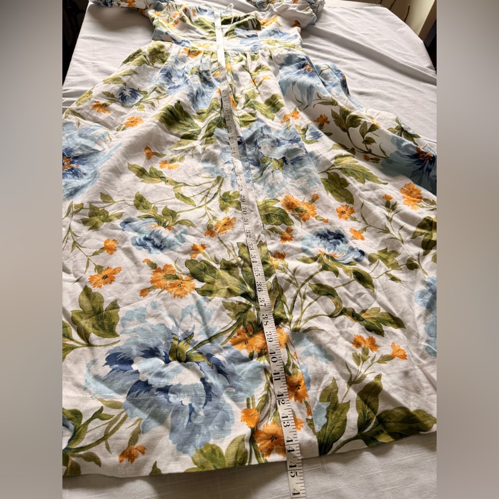 Reformation Marbella Floral Midi Linen A-Line Dress Botanist‎ Puff Sleeve Size 8 - Picture 13 of 15